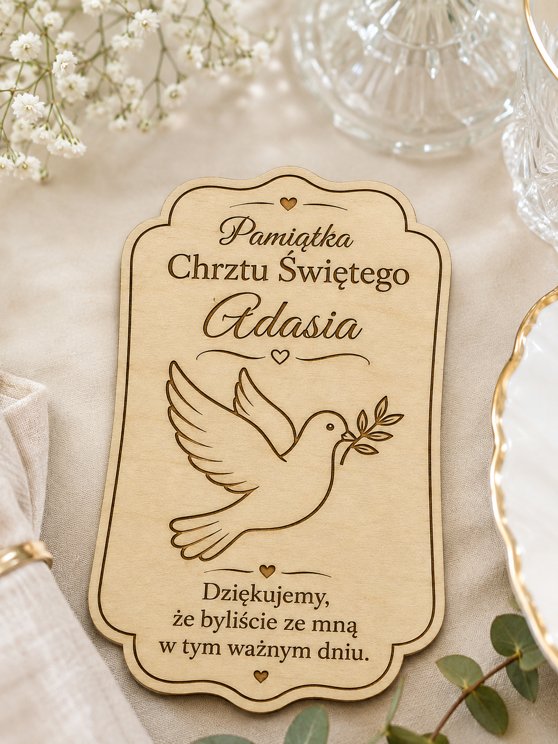 Drewniany magnes na Chrzest Święty – personalizowana pamiątka dla gości