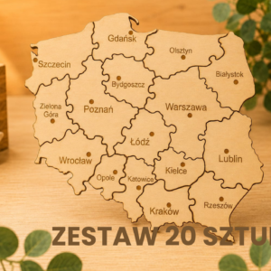 Drewniana mapa Polski – puzzle z województwami zestaw 20 sztuk